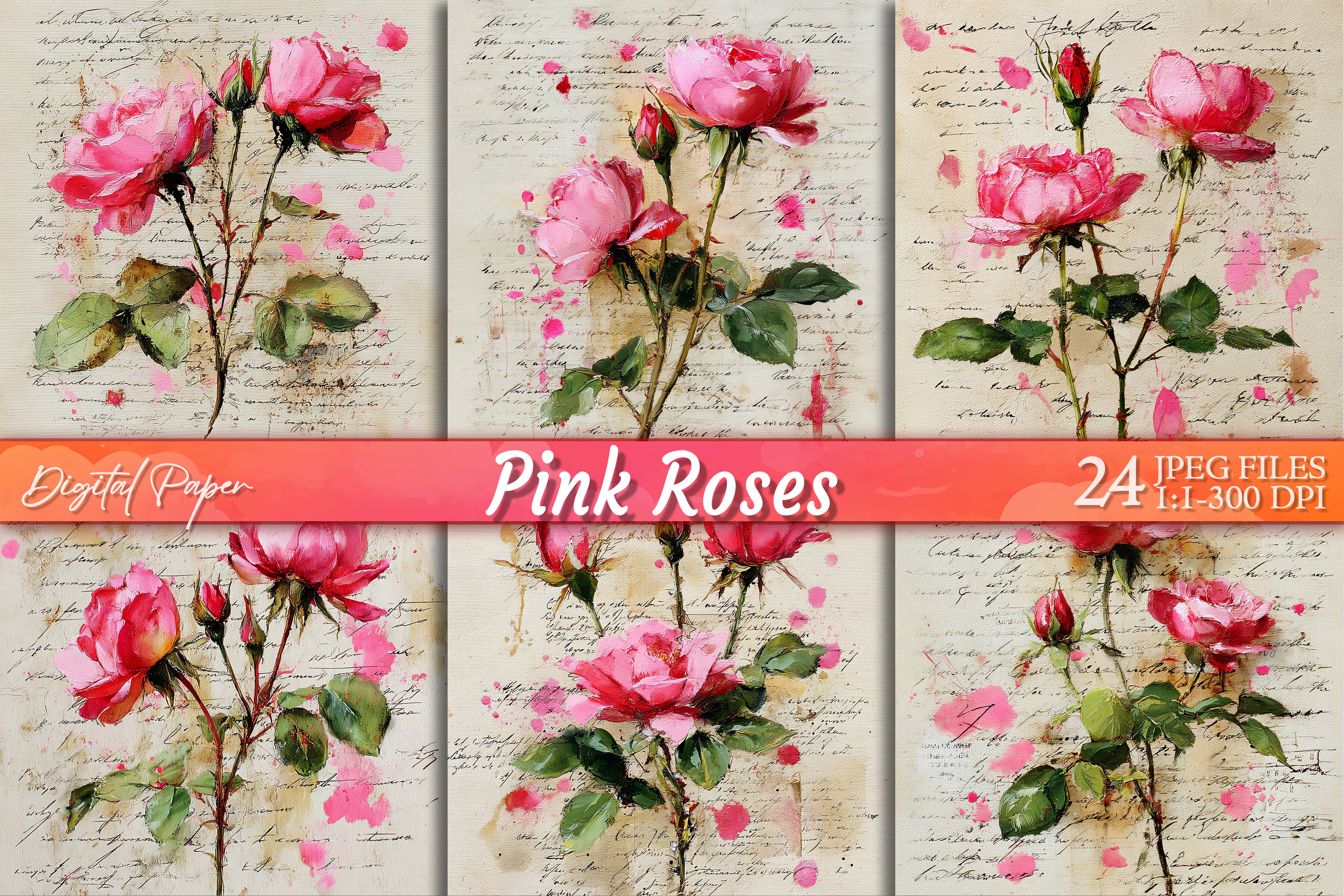 Pink Roses Shabby Chic Watercolor Paper Graphic by Summer Digital Design · Creative Fabrica